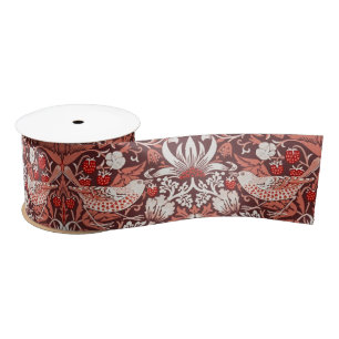 William Morris Strawberry Thief Terracotta Bird Satin Ribbon