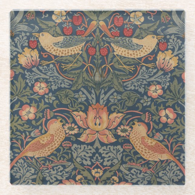 William Morris Strawberry Thieves Birds Glass Coaster (Front)