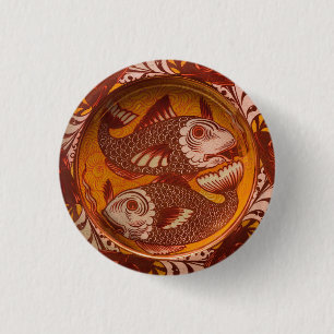 William Morris Style Arts and Crafts Red Fish Art 3 Cm Round Badge