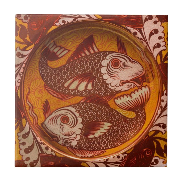 William Morris Style Arts and Crafts Red Fish Art Ceramic Tile (Front)