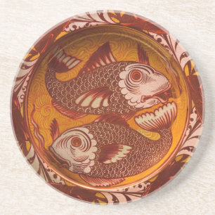 William Morris Style Arts and Crafts Red Fish Art Coaster