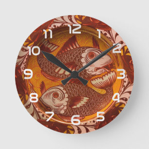 William Morris Style Arts and Crafts Red Fish Art Round Clock
