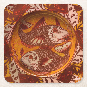 William Morris Style Arts and Crafts Red Fish Art Square Paper Coaster