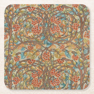 William Morris Style Cottagecore Squirrel Floral  Square Paper Coaster