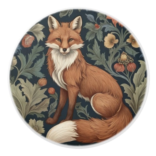 William Morris style Floral Left Facing Fox Ceramic Knob (Front)