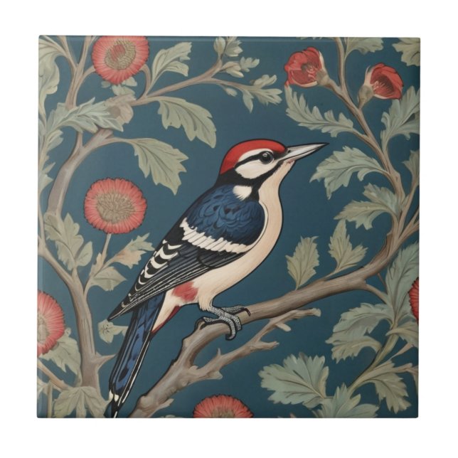 William Morris style Great spotted woodpecker Bird Ceramic Tile (Front)