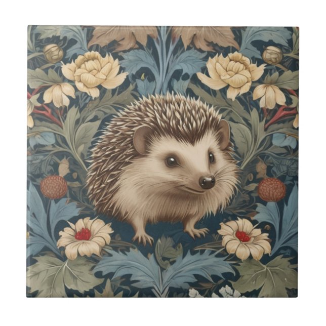 William Morris style Hedgehog Right Facing Floral Ceramic Tile (Front)