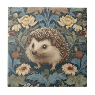 William Morris style Hedgehog Traditional Flowers Ceramic Tile