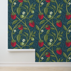 William Morris Style Jade & Red Strawberry Pattern Wallpaper