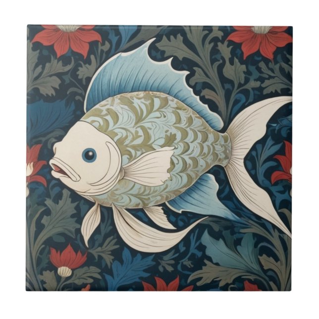 William Morris style L Fish Underwater Sea Ocean Ceramic Tile (Front)