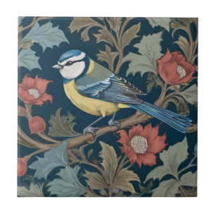 William Morris style Left facing Bird Blue Tit Ceramic Tile