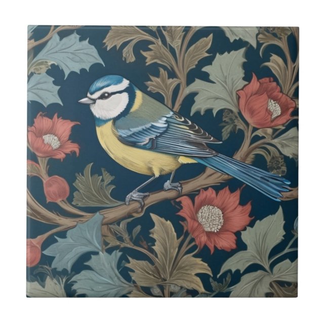 William Morris style Left facing Bird Blue Tit  Ceramic Tile (Front)