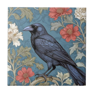 William Morris style Left facing Black Crow Bird  Ceramic Tile