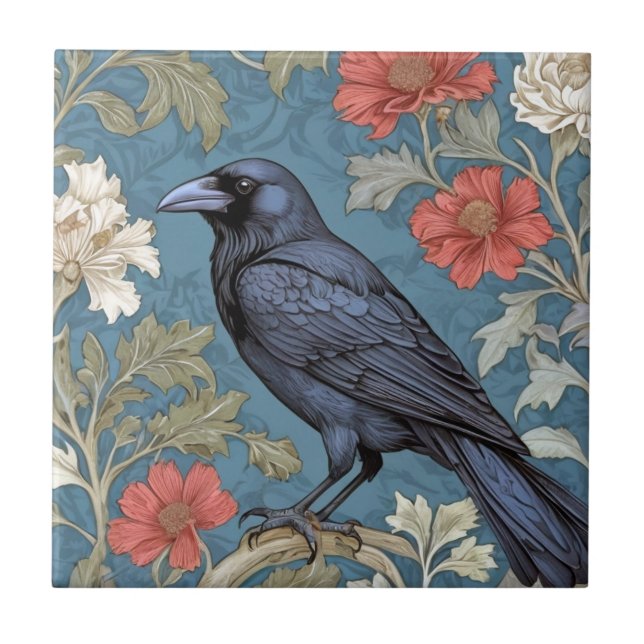 William Morris style Left facing Black Crow Bird  Ceramic Tile (Front)