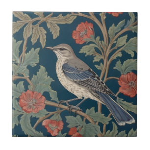 William Morris style Left facing Mockingbird Bird Ceramic Tile