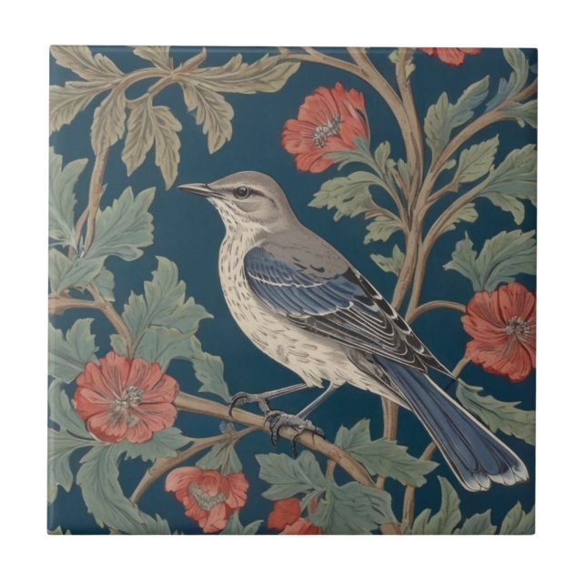 William Morris style Left facing Mockingbird Bird Ceramic Tile (Front)