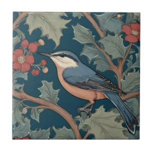 William Morris style Left Facing Nuthatch Bird Ceramic Tile