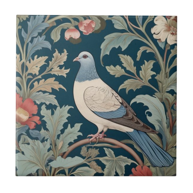 William Morris style Left facing Pigeon Bird Ceramic Tile (Front)