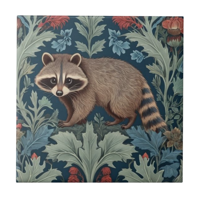 William Morris style Left Facing Racoon Ceramic Tile (Front)