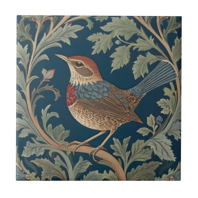 William Morris style Left facing Wren Bird Ceramic Tile (Front)