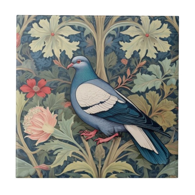William Morris style Left Floral Pigeon Bird Ceramic Tile (Front)
