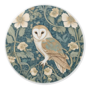 William Morris style Left Teal Cream Barn Owl Ceramic Knob