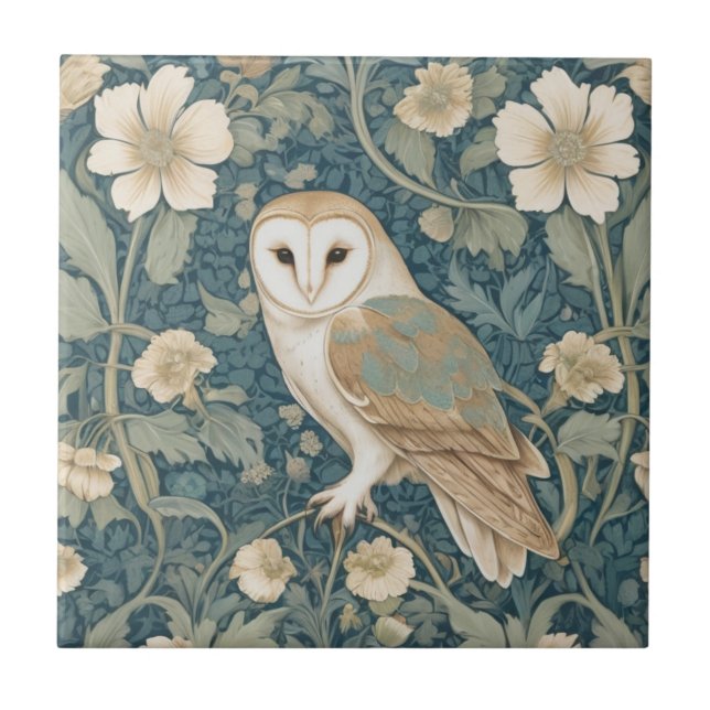 William Morris style Left Teal Cream Barn Owl Ceramic Tile (Front)