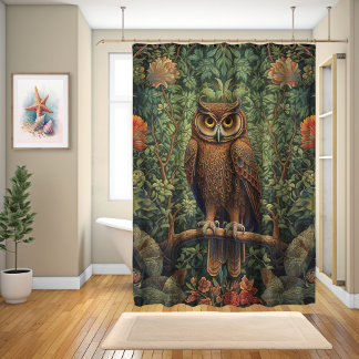 William Morris Style, Owl On A Branch Shower Curtain