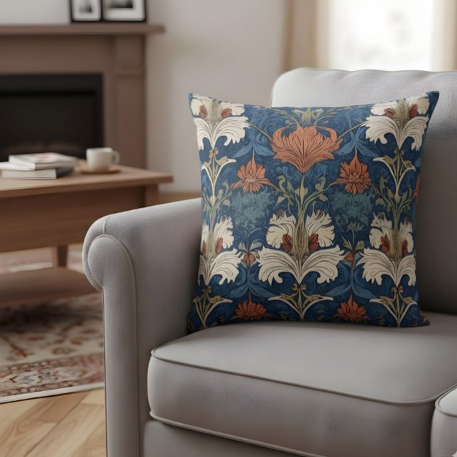 William Morris Style Pillow Blue Orange Floral (Creator Uploaded)