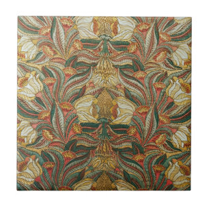 William Morris Style Pink Green Botanical Ceramic Tile