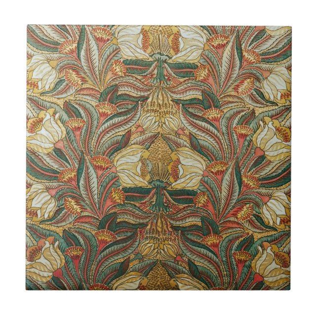William Morris Style Pink Green Botanical Ceramic Tile (Front)