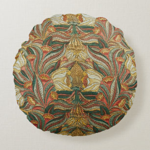 William Morris Style Pink Green Botanical Round Cushion