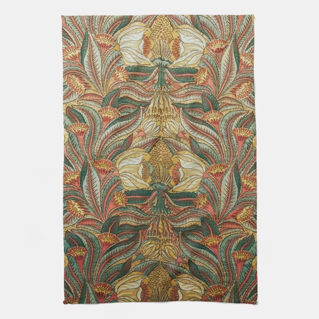William Morris Style Pink Green Botanical Tea Towel (Vertical)