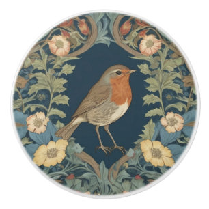 William Morris style R Robin Redbreast Bird Ceramic Knob