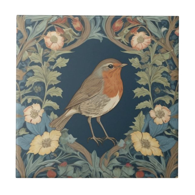 William Morris style R Robin Redbreast Bird Ceramic Tile (Front)