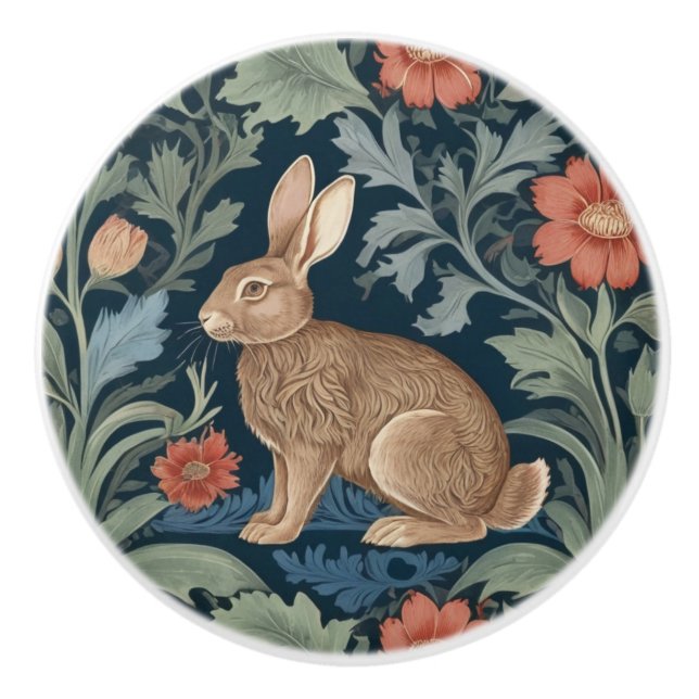 William Morris style Rabbit Left Facing Floral Ceramic Knob (Front)