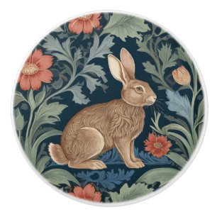 William Morris style Rabbit Right Facing Floral Ceramic Knob