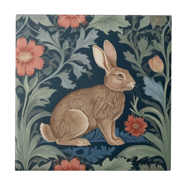 William Morris style Rabbit Right Facing Floral Ceramic Tile (Front)