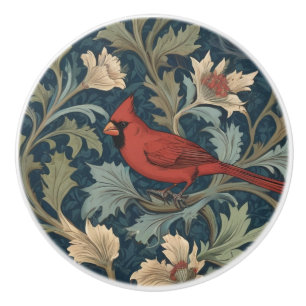 William Morris style Red Cardinal Bird left facing Ceramic Knob