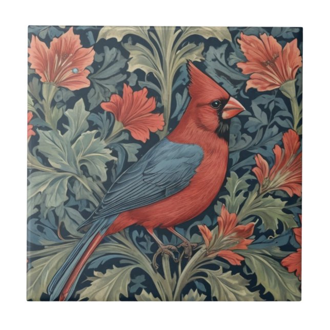 William Morris style Red Cardinal Bird R floral Ceramic Tile (Front)