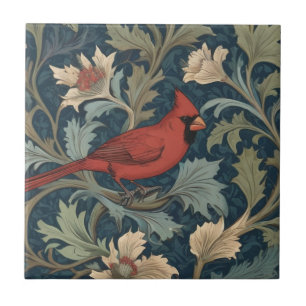 William Morris style Red Cardinal Bird right Ceramic Tile