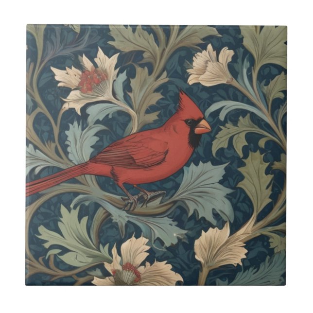 William Morris style Red Cardinal Bird right Ceramic Tile (Front)