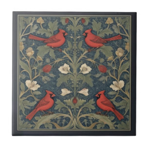 William Morris style Red Cardinal Birds Ceramic Tile