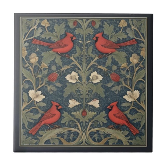 William Morris style Red Cardinal Birds Ceramic Tile (Front)