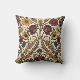 William Morris Style Red Gold Wheat Floral Pattern Cushion