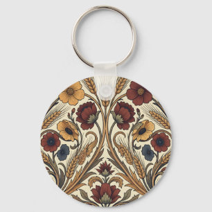 William Morris Style Red Gold Wheat Floral Pattern Key Ring