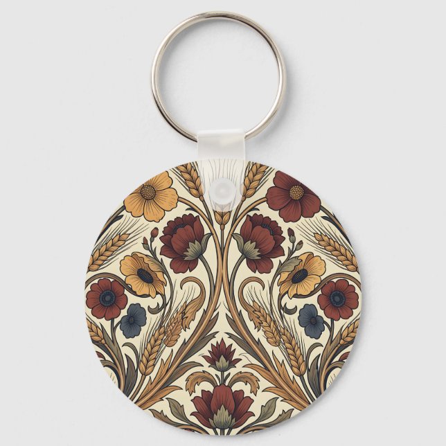 William Morris Style Red Gold Wheat Floral Pattern Key Ring (Front)