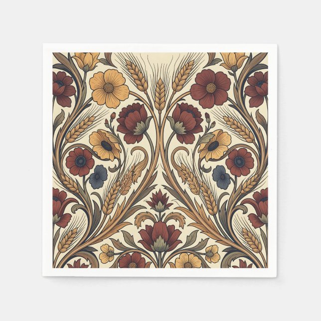 William Morris Style Red Gold Wheat Floral Pattern Napkin (Front)