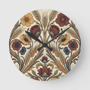 William Morris Style Red Gold Wheat Floral Pattern Round Clock