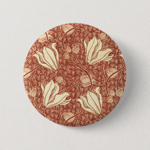William Morris Style Red Lily Floral Pattern 6 Cm Round Badge